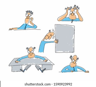 Comic Character in various poses of despair. Vector hand drawing