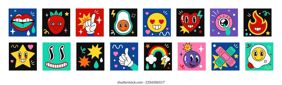 Comic characters. Fun elements, cute and happy cartoon faces, funny smiles and people. Rainbow and star sticker, crazy avocado and heart. Different emotions. Vector abstract tidy banner