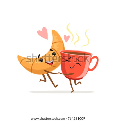 Comic characters of hugging croissant and cup of coffee. Flat vector illustration for print, card, poster, sticker, cafe or bakery shop logo
