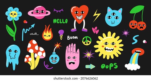 Comic characters. Psychedelic 80s objects with faces, bright emoji, hand drawn text, flowers with eyes, heart, hippy sign, poison mushroom isolated, vector cartoon illustration