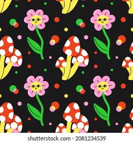Comic characters seamless pattern. Psychedelic 80s objects with faces, bright floral emoji, hand drawn flowers with eyes, cartoon poison mushroom. Decor textile, wrapping paper wallpaper, vector print