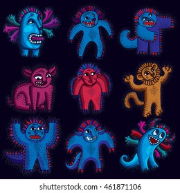 Comic characters, set of vector funny alien monsters. Emotional expression idea graphic symbols, design elements. Happy orange lion holding its paws up.  