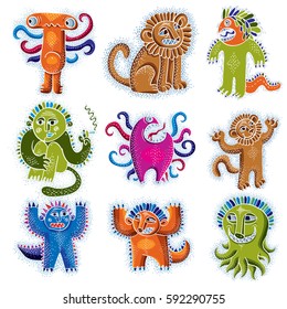 Comic characters, set of vector funny alien monsters. Drawing of happy lion holding its paws up, illustration of cute wild animal, cool mascot can be used in graphic design.