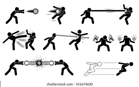 Comic characters special powerful attack. These are super human releases fireball, elastic man with stretchy punch, thousand kicks, laser eyes, creating fire and ice element, and hyper speed moves.