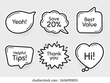 Comic chat bubbles. Best value, 20% discount and helpful tips. Thank you, hi and yeah phrases. Sale shopping text. Chat messages with phrases. Drawing texting thought speech bubbles. Vector