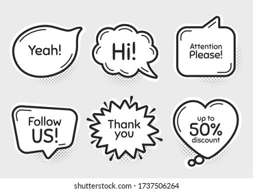 Comic chat bubbles. Follow us, 50% discount and attention please. Thank you, hi and yeah phrases. Sale shopping text. Chat messages with phrases. Drawing texting thought speech bubbles. Vector