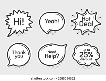 Burlas de chat cómico. Oferta caliente, 25% de descuento y necesita ayuda. Gracias, hola y sí frases. Venta de texto de compra. Mensajes de chat con frases. Dibujar mensajes de texto de pensamiento burbujas de habla. Vector