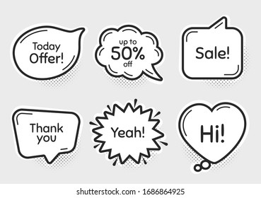 Comic chat bubbles. Sale, 50% discount and today offer. Thank you, hi and yeah phrases. Sale shopping text. Chat messages with phrases. Drawing texting thought speech bubbles. Vector