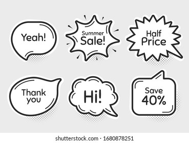 Comic chat bubbles. Summer sale, 40% discount and half price. Thank you, hi and yeah phrases. Sale shopping text. Chat messages with phrases. Drawing texting thought speech bubbles. Vector