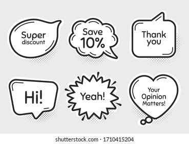 Comic chat bubbles. Super, 10% discount and opinion matters. Thank you, hi and yeah phrases. Sale shopping text. Chat messages with phrases. Drawing texting thought speech bubbles. Vector