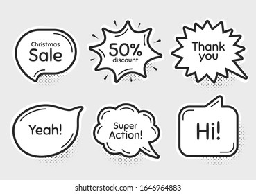 Burlas de chat cómico. Super acción, 50% descuento y venta de Navidad. Gracias, hola y sí frases. Venta de texto de compra. Mensajes de chat con frases. Dibujar mensajes de texto de pensamiento burbujas de habla. Vector