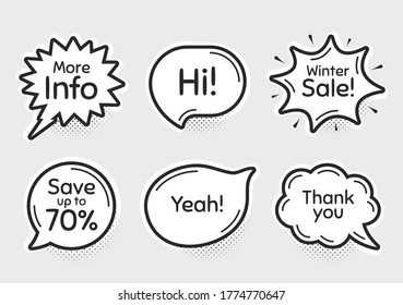 Comische Chatblasen. Winterverkauf, 70% Rabatt und mehr Infos. Danke, Hi und ja Phrasen. Verkaufen Sie Shopping-Text. Chatten Sie Nachrichten mit Phrasen. Zeichnen von Texting Gedanken Sprache Blasen. Vektorgrafik