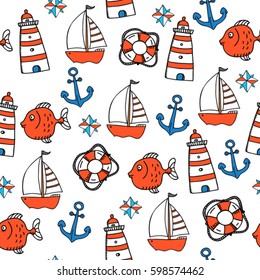 comic childish hand drawn nautical seamless pattern