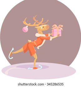 Comic christmas card. Cheerful deer with toy on  horns skates on ice and with a gift in their hooves. Holiday illustration in cartoon style with fairy tale funny personages