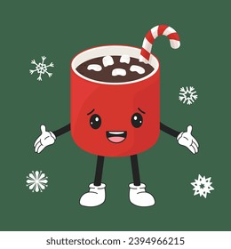 Comic Christmas cartoon red cup cocoa character with candy stick, marshmallow in cool sunglasses is dancing