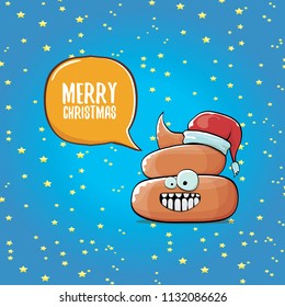 Comic christmas greeting card. vector funny cartoon cool tiny brown smiling poo with santa red hat and speech bubble isolated on christmas stars background. 