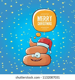 Comic christmas greeting card. vector funny cartoon cool tiny brown smiling poo with santa red hat and speech bubble isolated on christmas stars background. 