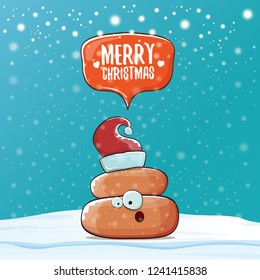 Comic christmas greeting card. vector funny cartoon cool tiny brown smiling poo with santa red hat and speech bubble isolated on winter background wtih snow and falling snowflakes.