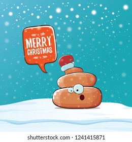 Comic christmas greeting card. vector funny cartoon cool tiny brown smiling poo with santa red hat and speech bubble isolated on winter background wtih snow and falling snowflakes.