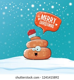 Comic christmas greeting card. vector funny cartoon cool tiny brown smiling poo with santa red hat and speech bubble isolated on winter background wtih snow and falling snowflakes.