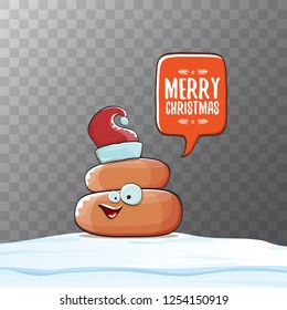 Comic christmas greeting card. vector funny cartoon cool tiny brown smiling poo with santa red hat and speech bubble isolated on transparent background 