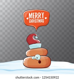 Comic christmas greeting card. vector funny cartoon cool tiny brown smiling poo with santa red hat and speech bubble isolated on transparent background 