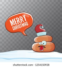 Comic christmas greeting card. vector funny cartoon cool tiny brown smiling poo with santa red hat and speech bubble isolated on transparent background 