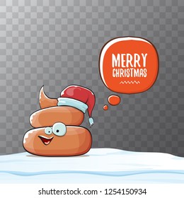 Comic christmas greeting card. vector funny cartoon cool tiny brown smiling poo with santa red hat and speech bubble isolated on transparent background 