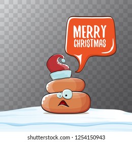 Comic christmas greeting card. vector funny cartoon cool tiny brown smiling poo with santa red hat and speech bubble isolated on transparent background 