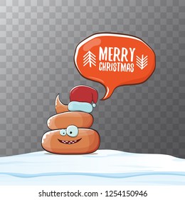 Comic christmas greeting card. vector funny cartoon cool tiny brown smiling poo with santa red hat and speech bubble isolated on transparent background 