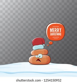 Comic christmas greeting card. vector funny cartoon cool tiny brown smiling poo with santa red hat and speech bubble isolated on transparent background 