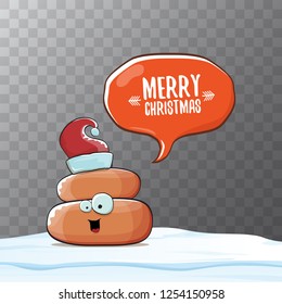 Comic christmas greeting card. vector funny cartoon cool tiny brown smiling poo with santa red hat and speech bubble isolated on transparent background 