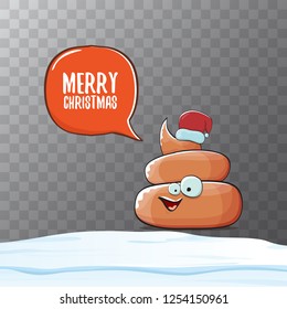 Comic christmas greeting card. vector funny cartoon cool tiny brown smiling poo with santa red hat and speech bubble isolated on transparent background 