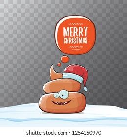 Comic christmas greeting card. vector funny cartoon cool tiny brown smiling poo with santa red hat and speech bubble isolated on transparent background 