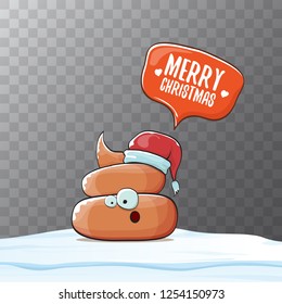 Comic christmas greeting card. vector funny cartoon cool tiny brown smiling poo with santa red hat and speech bubble isolated on transparent background 