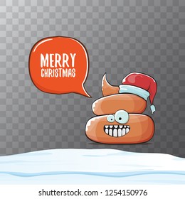 Comic christmas greeting card. vector funny cartoon cool tiny brown smiling poo with santa red hat and speech bubble isolated on transparent background 