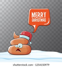 Comic christmas greeting card. vector funny cartoon cool tiny brown smiling poo with santa red hat and speech bubble isolated on transparent background 