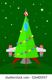 Comic christmas tree shaped spaceship with green background with stars - Vector image