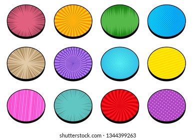 Comic circles bright collection with radial slanted lines spiral rays halftone dotted colorful effects. Vector illustration