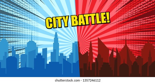 Comic city battle concept with blue and red cityscapes radial rays halftone humor effects. Vector illustration