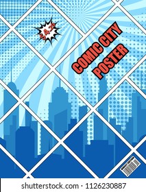 Comic city blue poster with cityscape silhouette white speech cloud barcode radial halftone effects price. Vector illustration