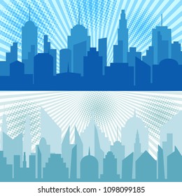 Comic city horizontal banners with two cityscapes different buildings radial and halftone effects. Vector illustration