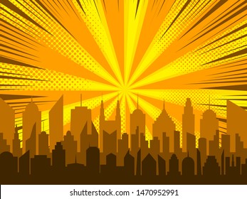 Comic cityscape background with city radial rays halftone effects in orange and yellow colors. Vector illustration