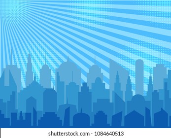 Comic cityscape concept with city silhouette halftone and radial humor effects in blue colors in pop art style. Vector illustration