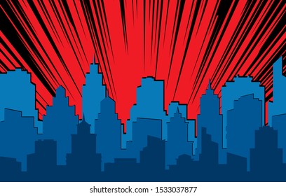 Paisaje urbano cómico. Silueta urbana retro de edificios de ciudades para comics de libros de arte con efectos de luz escena vectorial súper héroe dramático fondo de horizonte