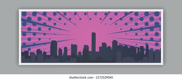 Comic cityscape. Retro urban silhouette of city buildings for art book comics with light effects vector scene super hero dramatic skyline background