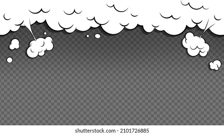 Comic cloud frame background. Cartoon puff cloud frame on transparent background. Comic book explosion with puffs of smoke.