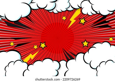 Fotograma de nube cómica con relámpago y estrellas en medio tono de fondo. Ilustración de dibujo vectorial de plantilla de diseño.
