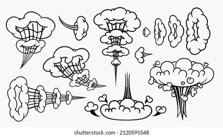 Comic clouds, cartoon vector clouds in line style isolated on light background.