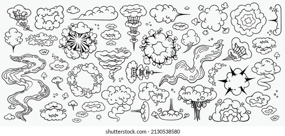 Comic clouds, cartoon vector clouds in line style isolated on light background.
